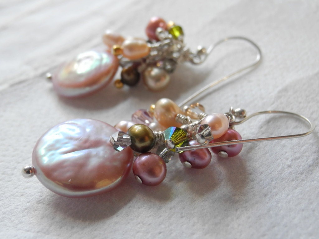 Pearl Dangle Earrings Dusty Rose Coin Pearl Olive Green Fall Wedding