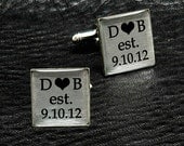 Bride loves Groom - Date - Imprinted Silver Leaf Wedding Groom Cuff links - W