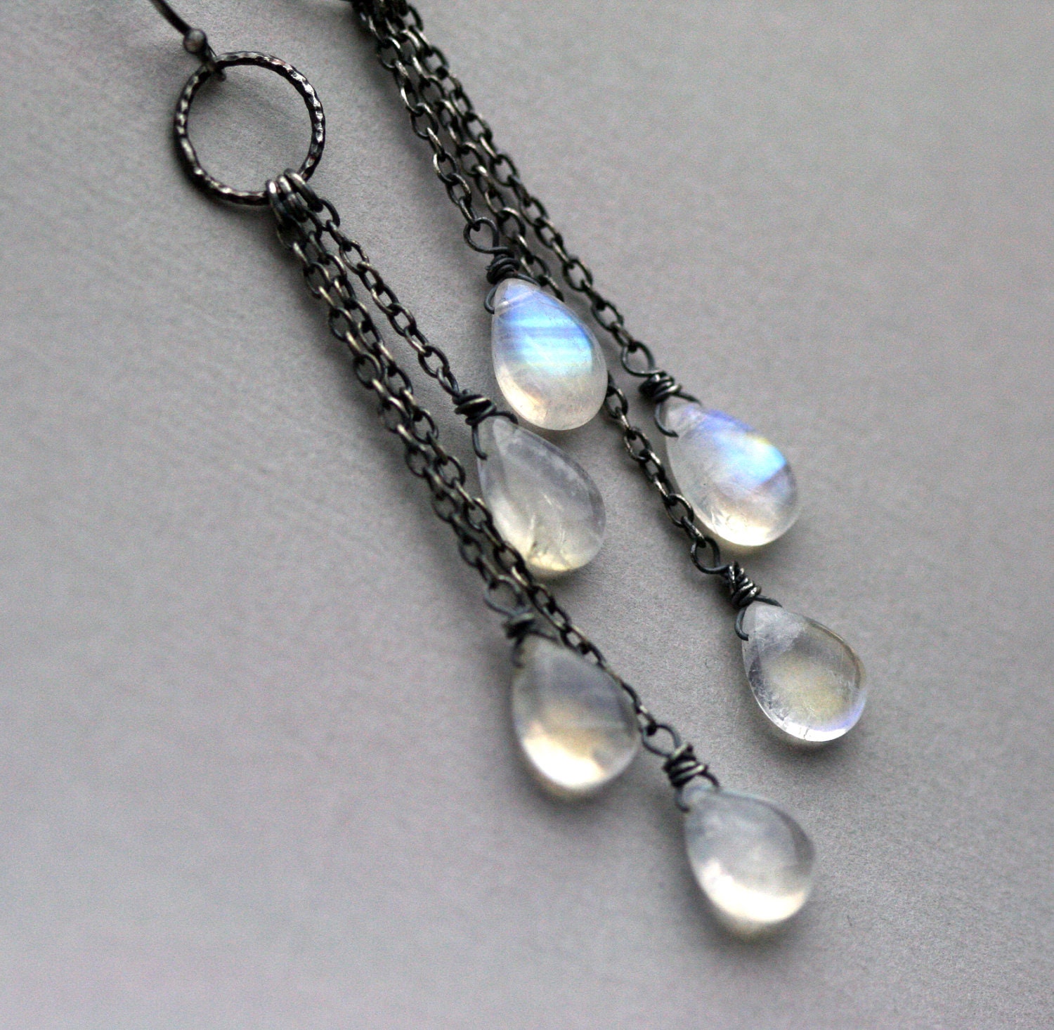 Rainbow Moonstone Oxidized Sterling Silver Earrings