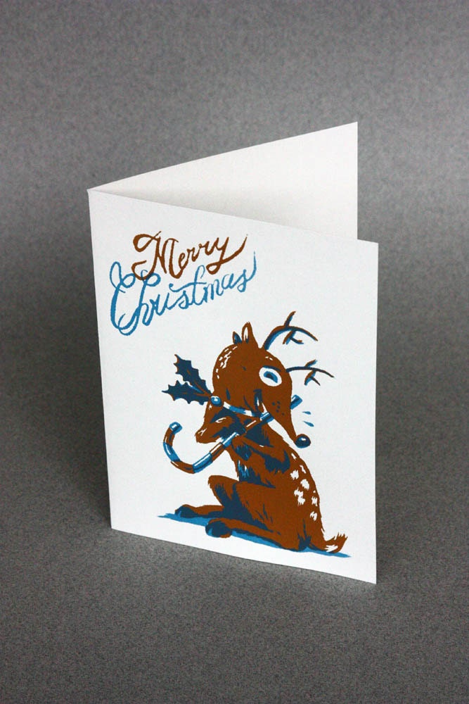 Christmas card - Reindeer and candy cane - Screen printed