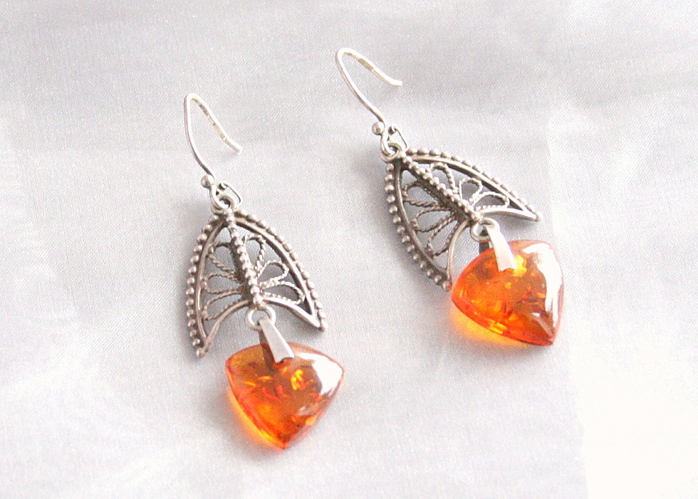 Vintage Genuine Amber Pierced  Earrings Sterling Filigree Dangle Drops