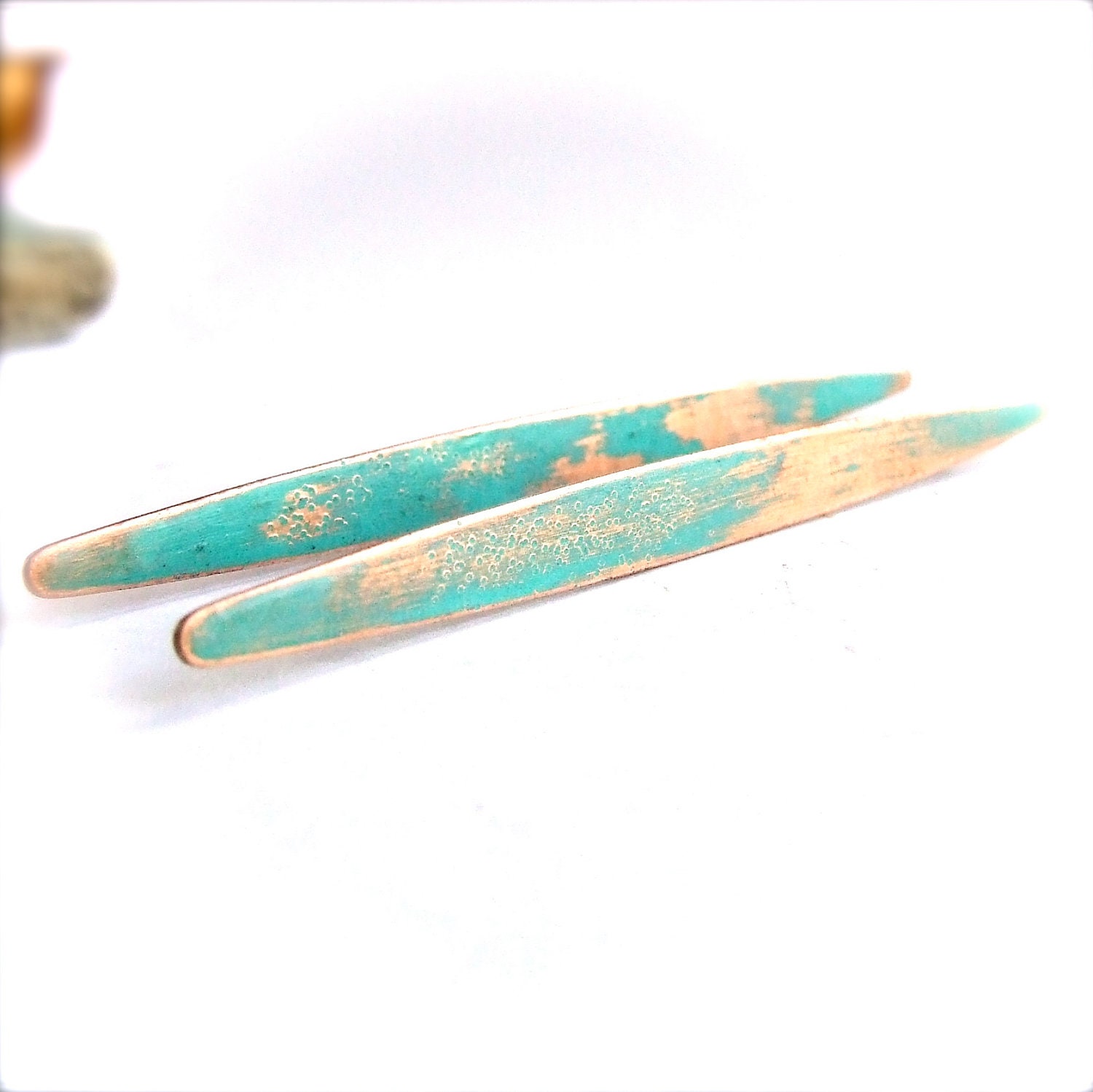 Long Copper Oval - Verdigris Patina Post Earrings -Turquoise -Jewellery