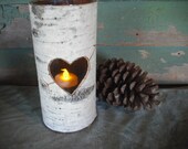 Birch bark covered glass vase with a cut out heart and flameless candle. For your woodland rustic wedding or home.