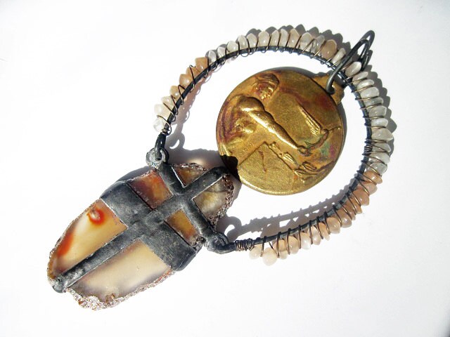 Victoria. Cosmic Golden Tribal Rustic  Soldered Stone Agate Slice Art Nouveau Pendant.