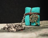 MiniatureBook Necklace Tree & turquoise color leather