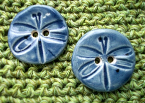 Two Blue Round Ceramic Dragonfly Buttons