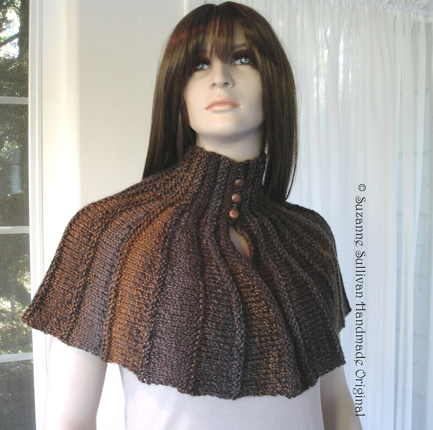Hand Knitted Capelet, Cape, with Lariat, warm tonal browns, Copper color buttons