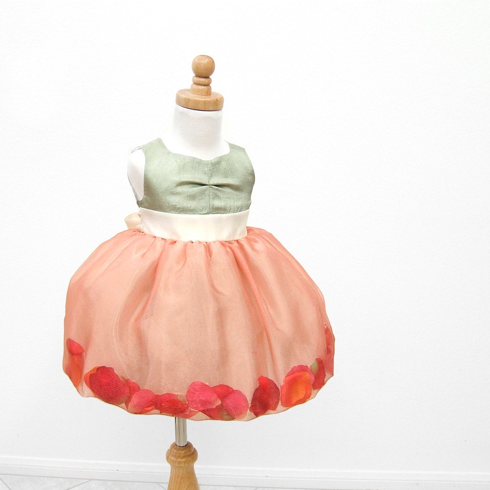 Aria Flower Petal Dress, Flower Girl Dress, Weddings, Special Occasion, Celadon and Coral, Sizes 12 mo to 8