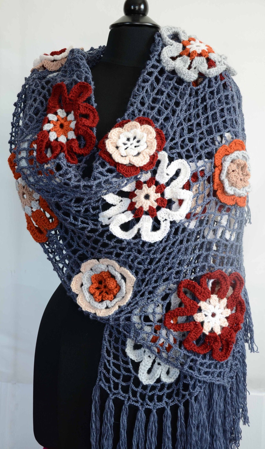 Scarf Shawl Stole with Flowers with fringes OOAK