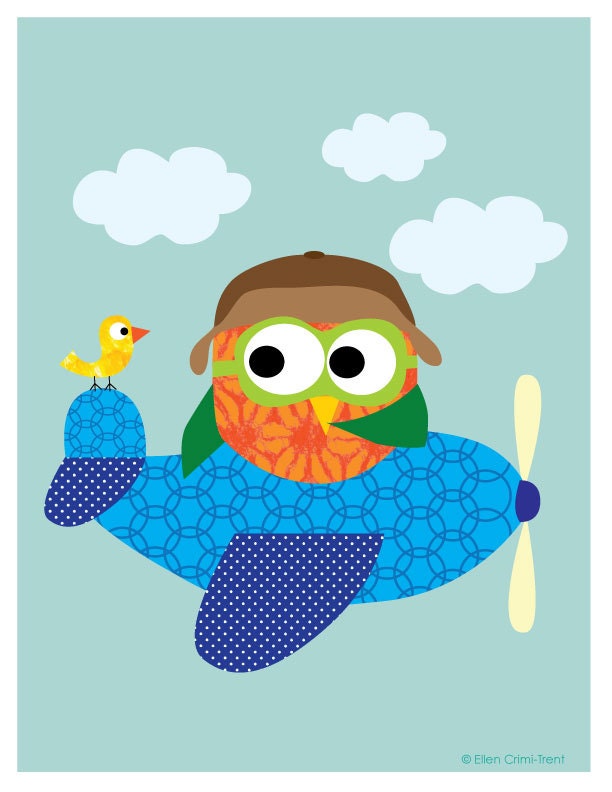 Kids Wall Art-- owl in a plane- nursery decor