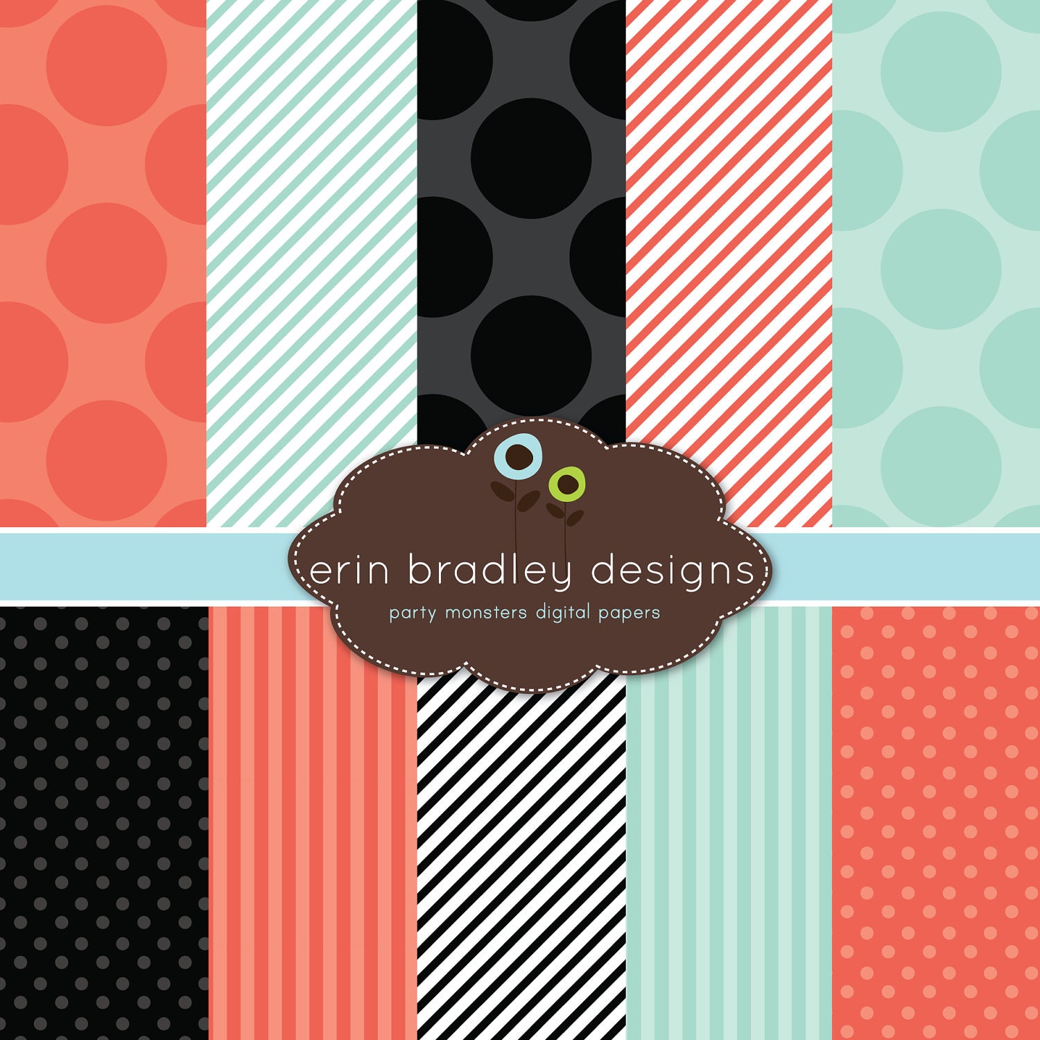 Digital Paper Pack Personal and Commercial Use Orange Blue and Black Polka Dots and Stripes Il_170x135