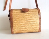 Vintage  Leather and Bamboo Matting Cross Body Bag Purse