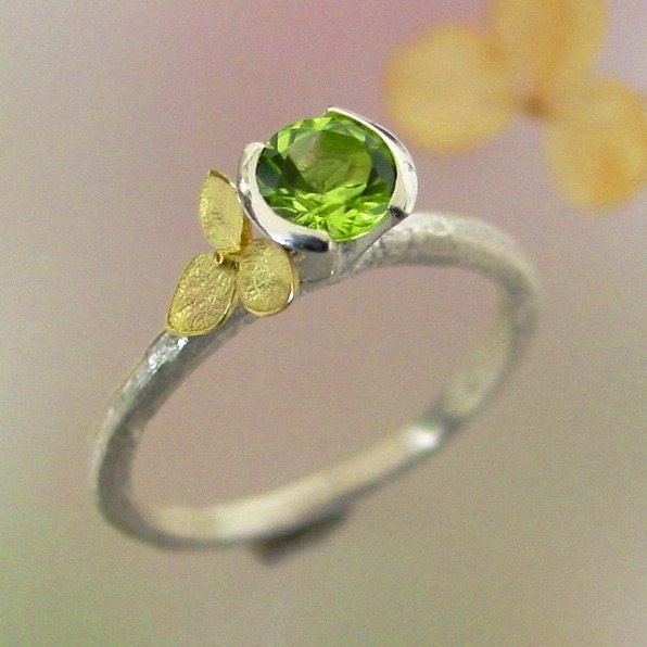Hydrangea Stacking Ring, Green Peridot Gemstone, Sterling Silver, 18k Yellow Gold Flower, August Birthstone Made to order