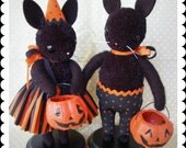 Halloween Bunny Couple holding Jack O' Lantern Pumpkins Handmade Woolen Pompom Folk Art Dolls