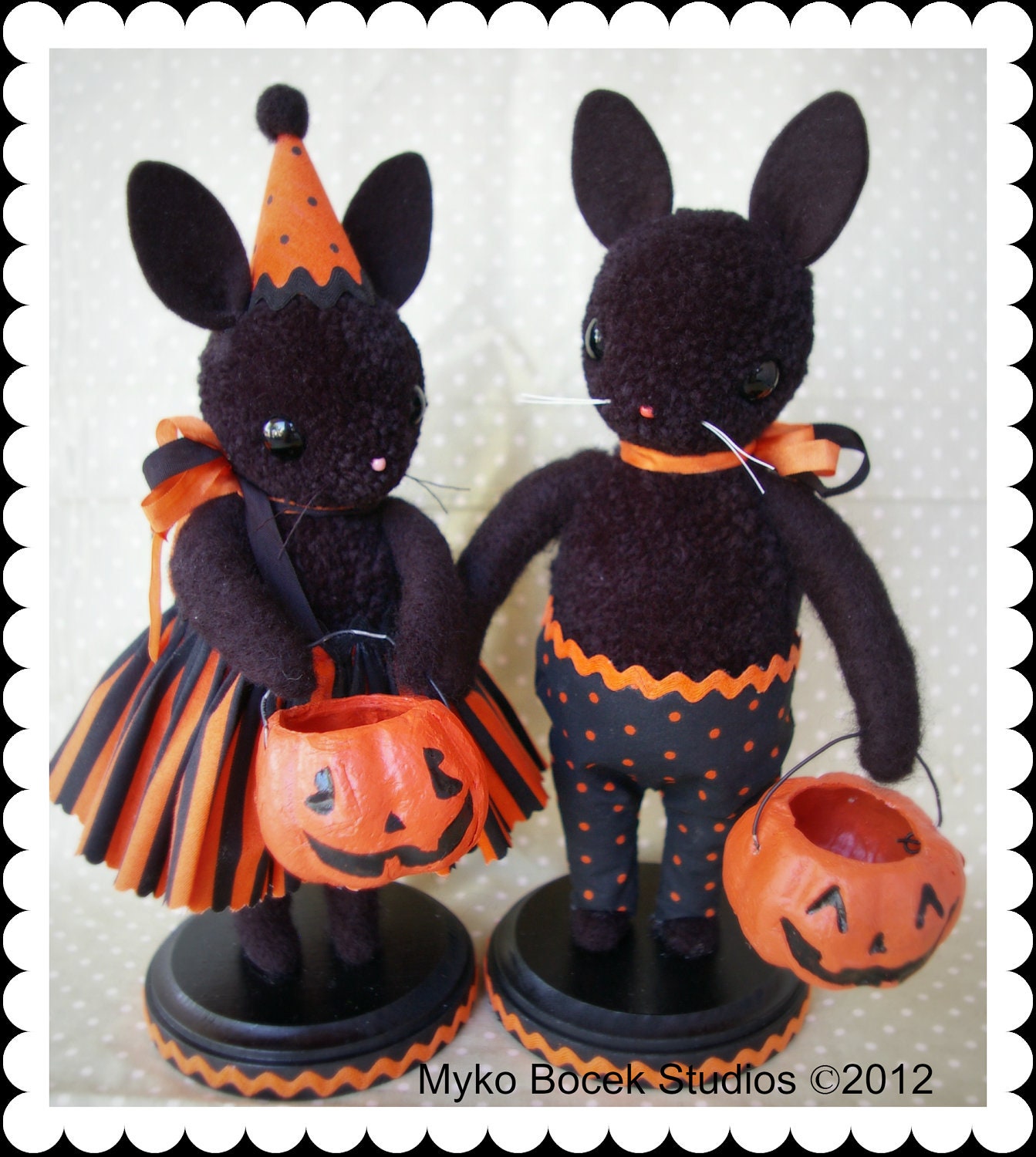 Halloween Bunny Couple holding Jack O' Lantern Pumpkins Handmade Woolen Pompom Folk Art Dolls