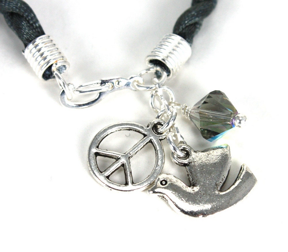 Black Braided Cord Bracelet with Peace Symbol, Peace Dove, and Black Diamond Swarovski Crystal