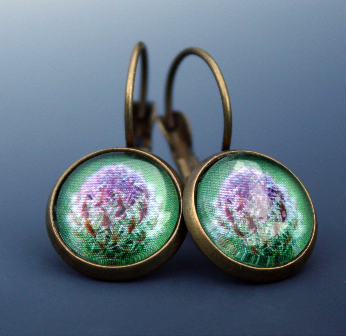 Small Round Photo Earrings Vintage Look Thistle Flower Earrings Holiday Gifts Under 30