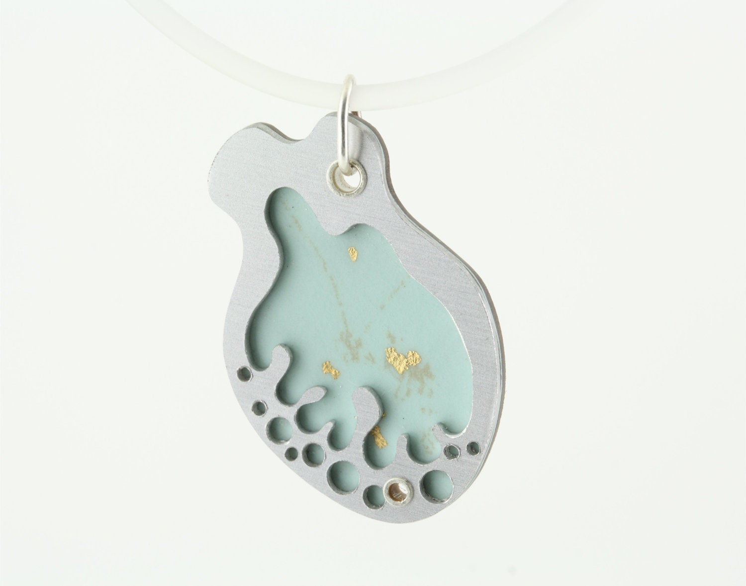 Abstract Aqua Heart Necklace Formica, Aluminum, Silver