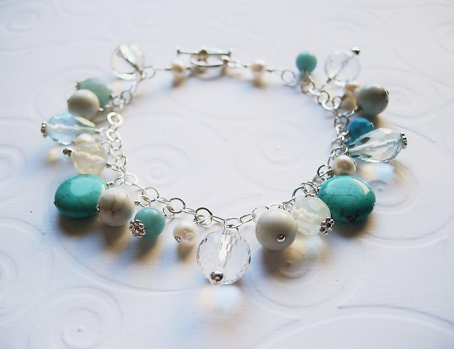 Mixed Stone, Freshwater Pearl Bracelet, Sterling Silver Wire Wrapped,Toggle Clasp, Quartz, Amazonite, Aqua Blue, Turquoise, White, Aqua