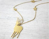 Long Miyajima Necklace in Gold, reindeer deer pendant woodland jewelry