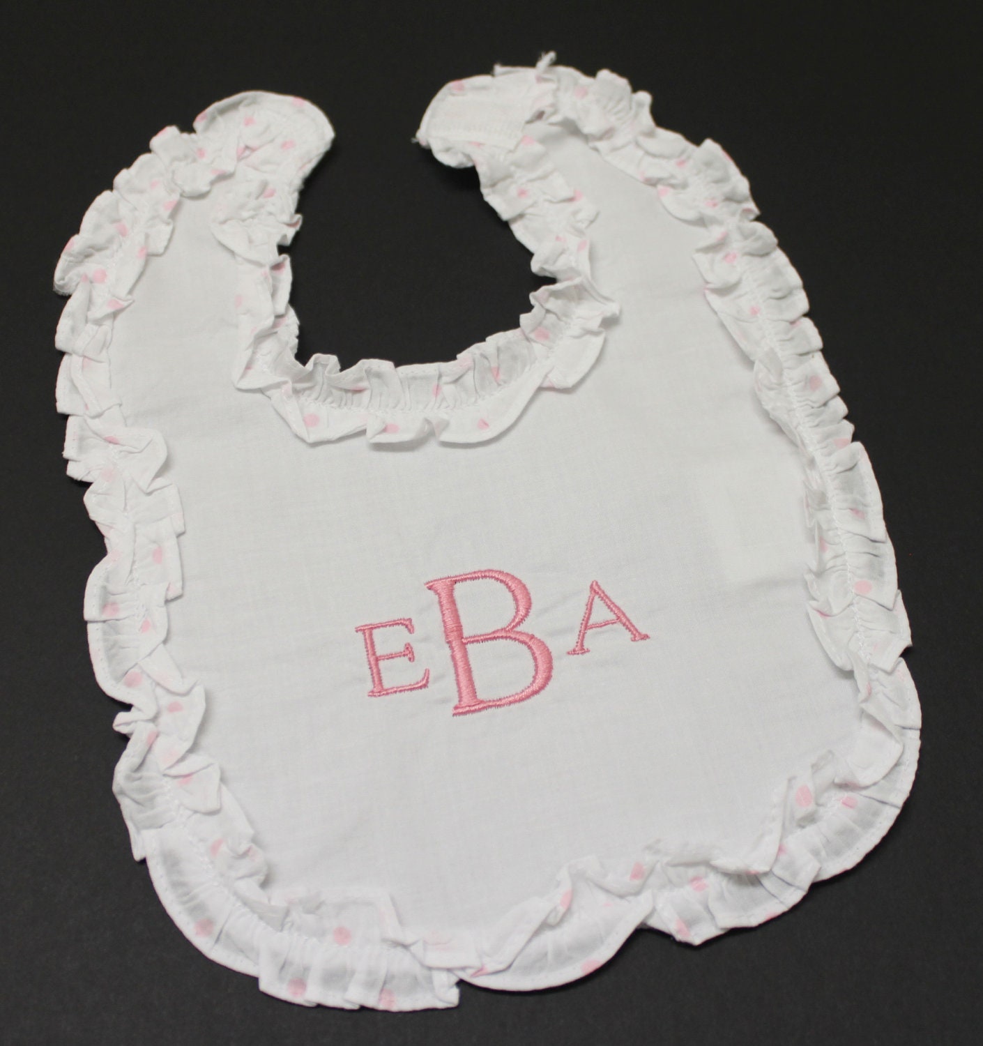 Three Initials Monogram Embroidered Cotton Ruffle Infant Baby Bib