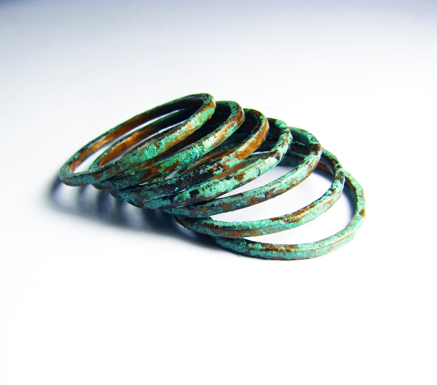Patina Stacking Rings - SEVEN patinated rings - Hammered -  Green Patina finish - Sealed - Copper Jewelry