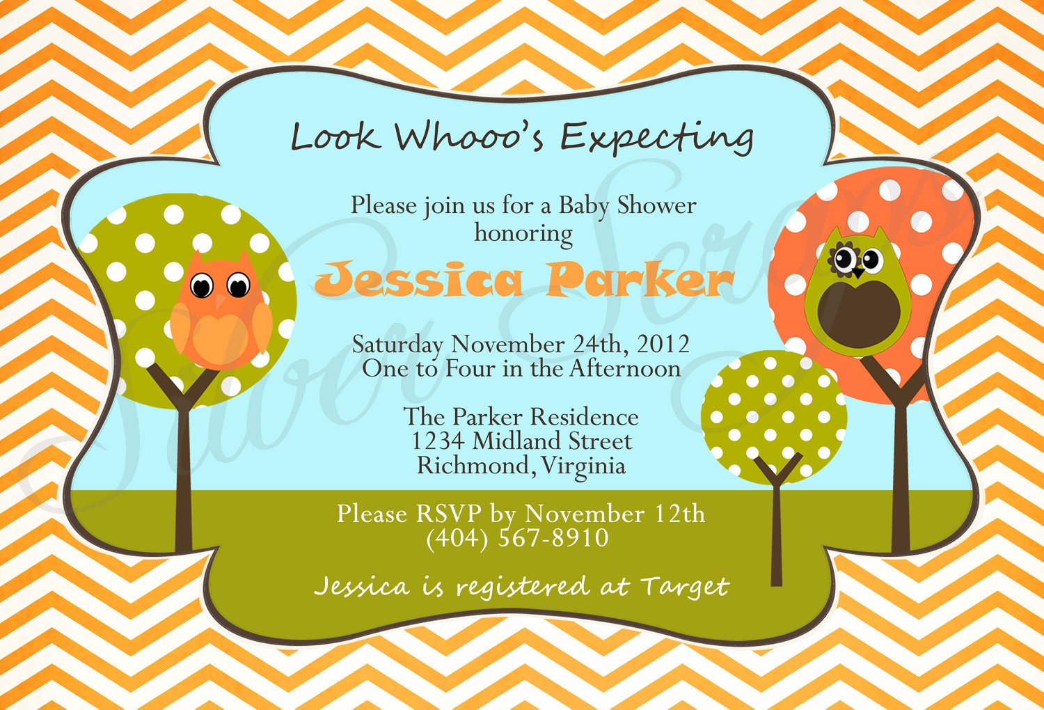 Look Whooo's Expecting Unisex Custom Digital Owl Baby Shower Invitation - Boy Girl Twins Brown Orange Green Chevron -5 Printable DIY Designs