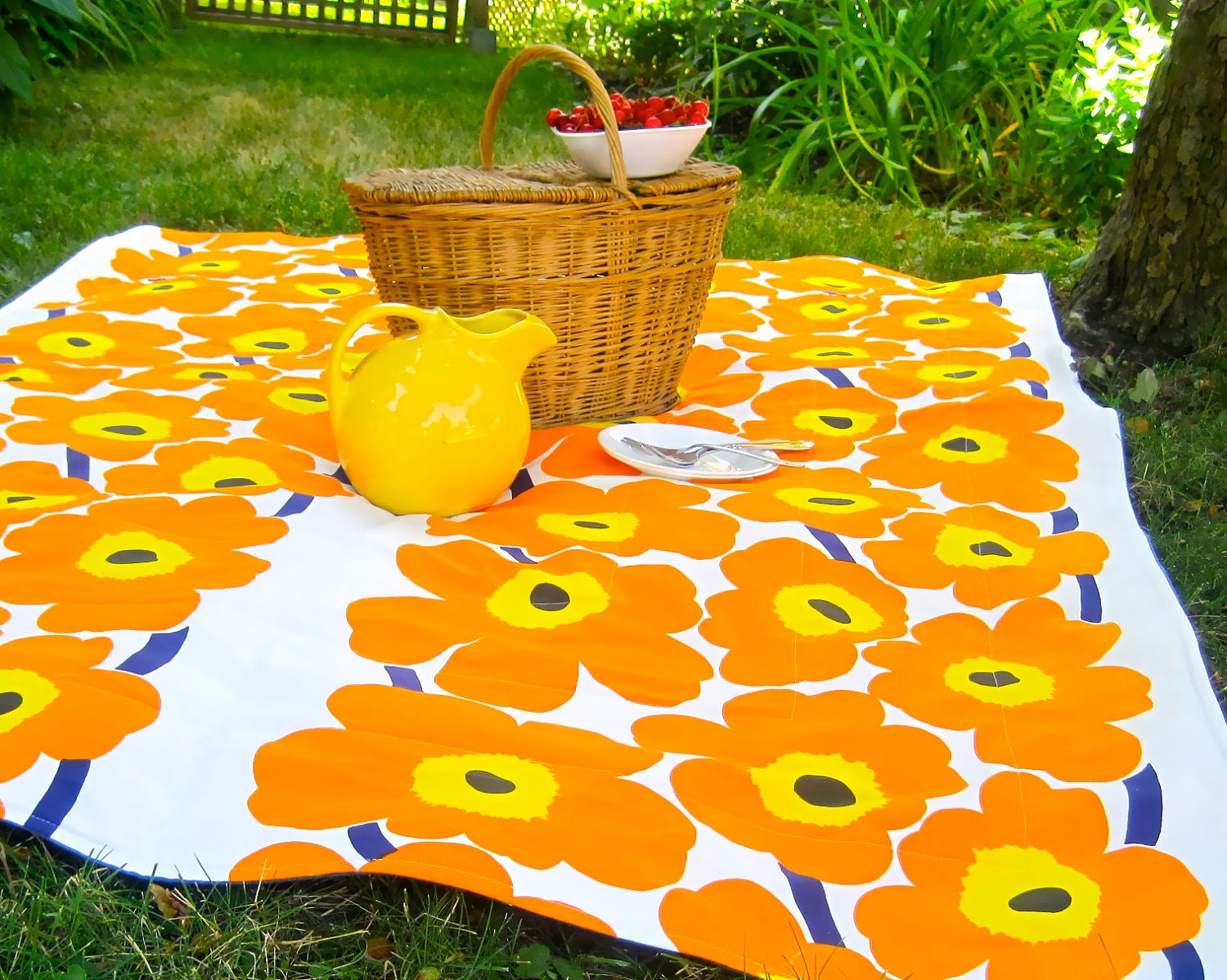 Picnic Blanket - Orange MARIMEKKO Poppies Flowers - Mod Outdoors Family Beach Blanket (Last One)