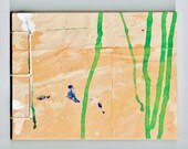 Green Drips on Yellow Ochre - Mini Sketchbook - Recycled Materials - Painted Brown Paper Bag Cover - Stab Bound
