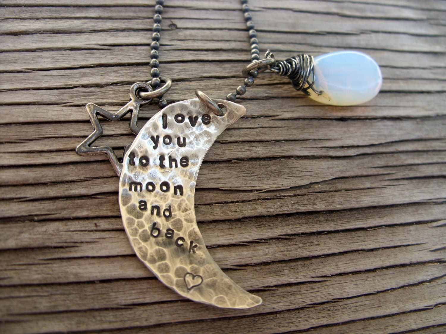 Hand stamped silver pendant- love you to the moon and back- sterling silver rustic pendant with star charm and rainbow moonstone drop