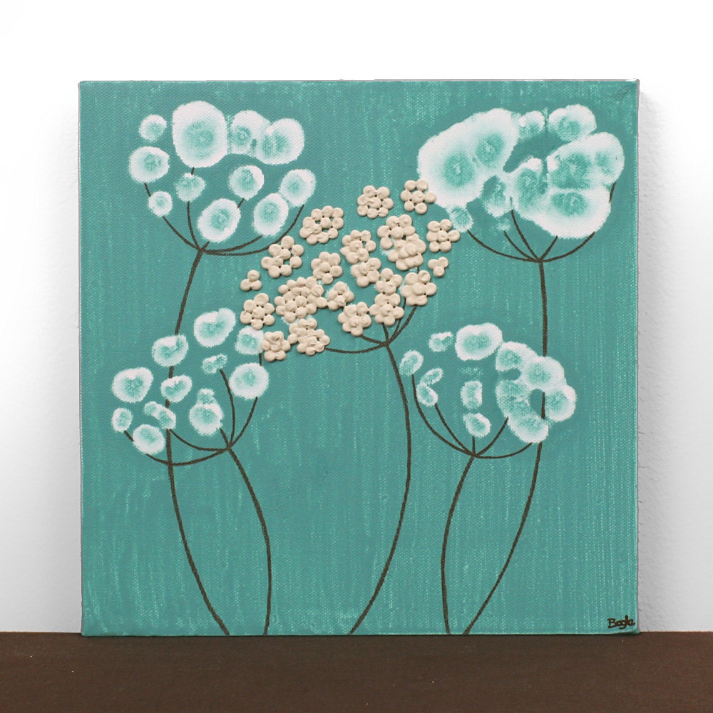 Teal Wall Art on Square Canvas Small Flower Painting by Amborela