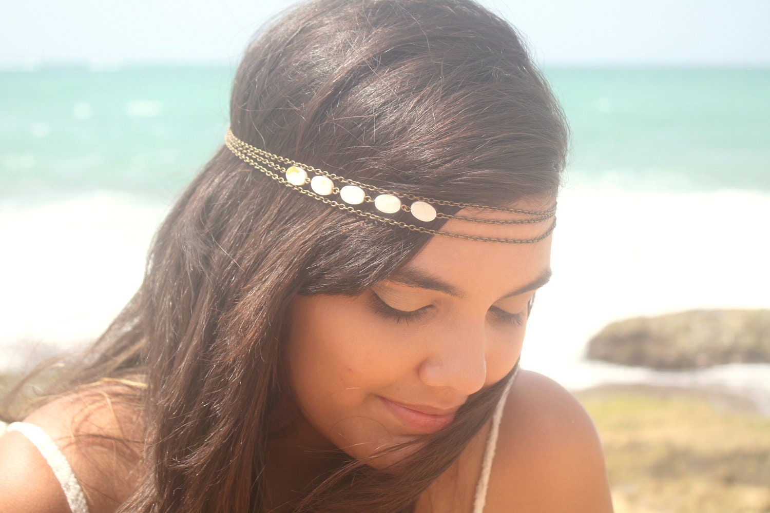 Chain Headpiece Headband Hair Piece  Bohemian Hipster Boho Hippie Bronze Three Strand Mother of Pearl Beads Bridal Jewelry
