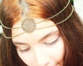 Chain Headpiece Headband Hair Piece Gypsy Bohemian Hipster Boho Bronze Floral Circle Centerpiece Double Drape Bridal  Jewelry