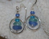 cornflower and aqua genuine sea glass round  sterling silver dangling earrings
