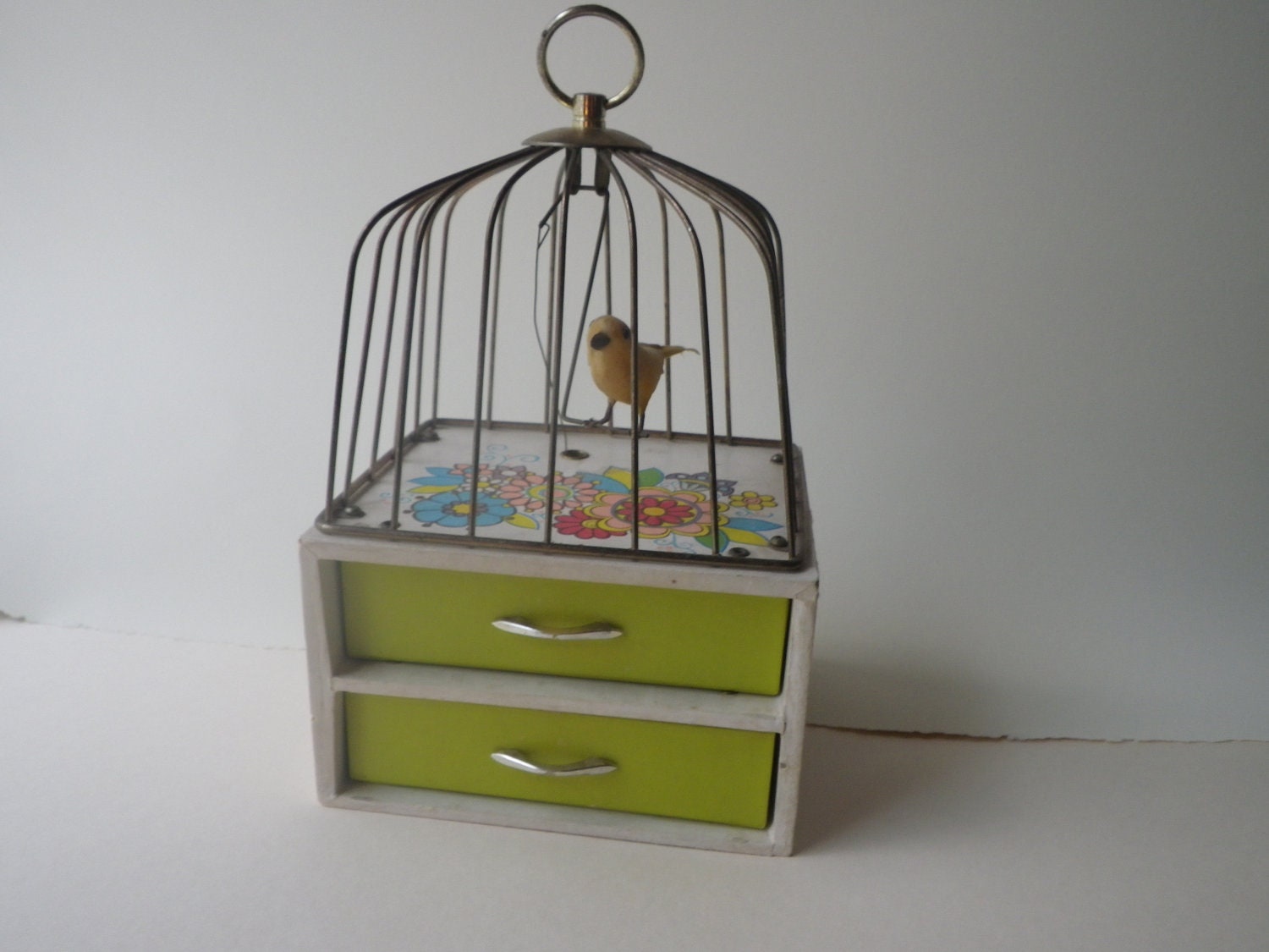 Vintage  Musical Box with Bird Cage- Plays Music while the bird swings - HiddenStarlings