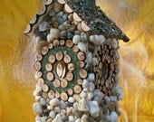 Hanging Birdhouse  Recycled Glass, Wood Circles, Rocks and a Copula Top