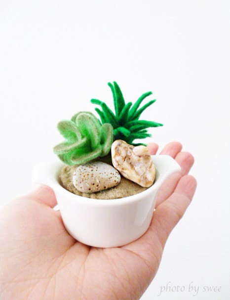 Mini Potted Plants with Real Stones, and Mini Porcelain Pot - Zakka Love