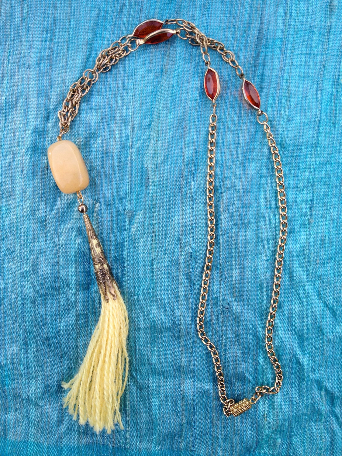 Tassel Necklace - yellow stone, orange glass, & yellow wool tassel