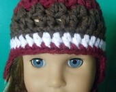 Crocheted Beanie with Ear Flaps - Burgundy, Brown, White - fits American Girl and Bitty Baby