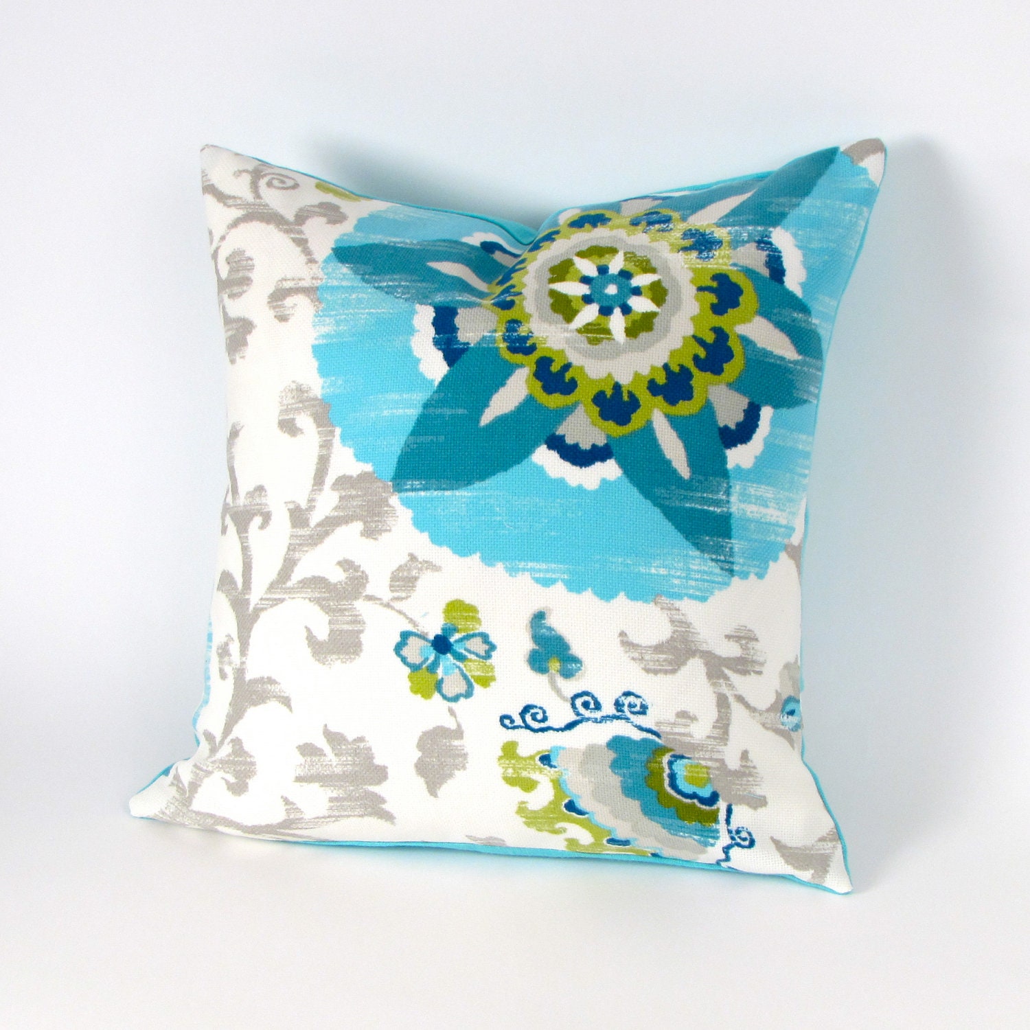 Suzani Turquoise and Gray Pillow Cover 18 inch
