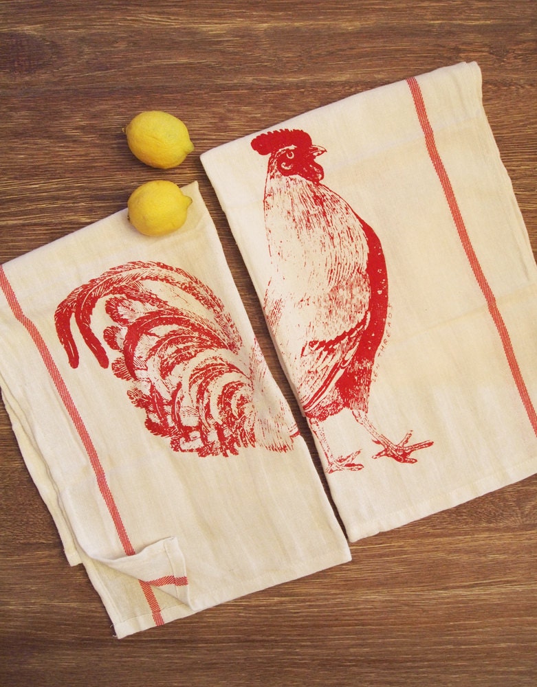 Set of 2 - Urban ROOSTER Red Stripe Herringbone Kitchen Dish Towels - Renewable Natural Cotton