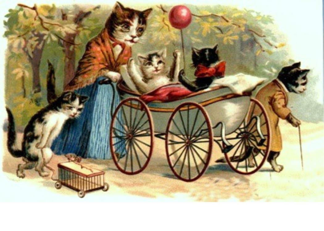 Cat Family Pushes Pram Baby Buggy Dressed Cats Tuxedo Striped Tabby Calico Cats Vintage Cats Magnet