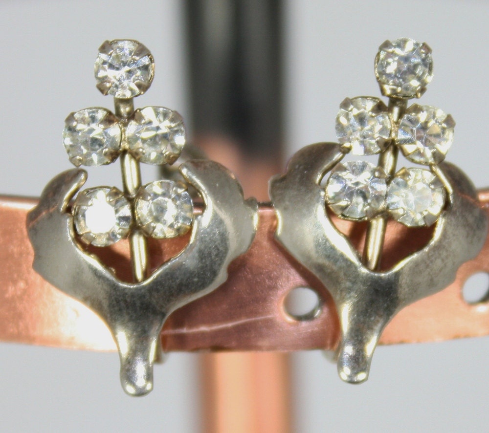 Vintage Earrings, White Rhinestones on Gold, Screw Back, 1950's