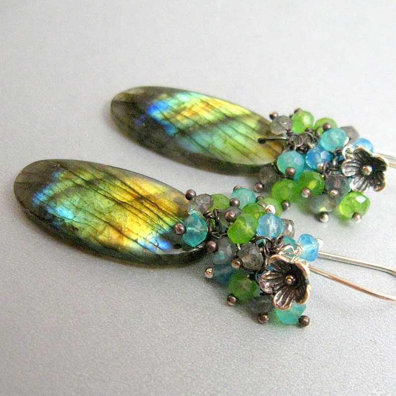 Labradorite Gemstones Earrings - Labradorite and Chalcedony Wire Wrapped Cluster Sterling Silver Earrings