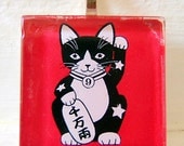 Glass Tile Pendant Necklace. Lucky Kitty. Red