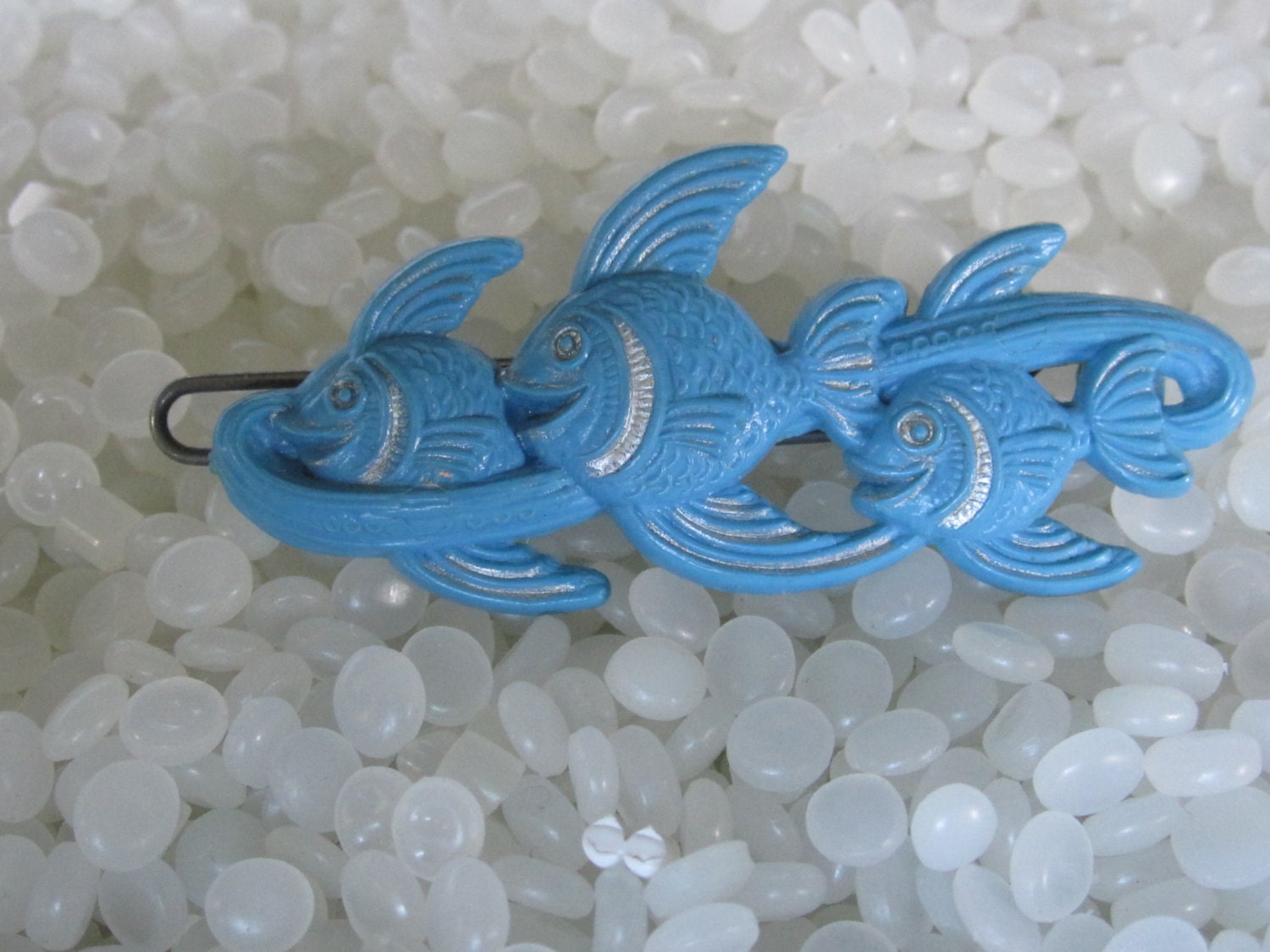 Three Blue fish  vintage hair barrette