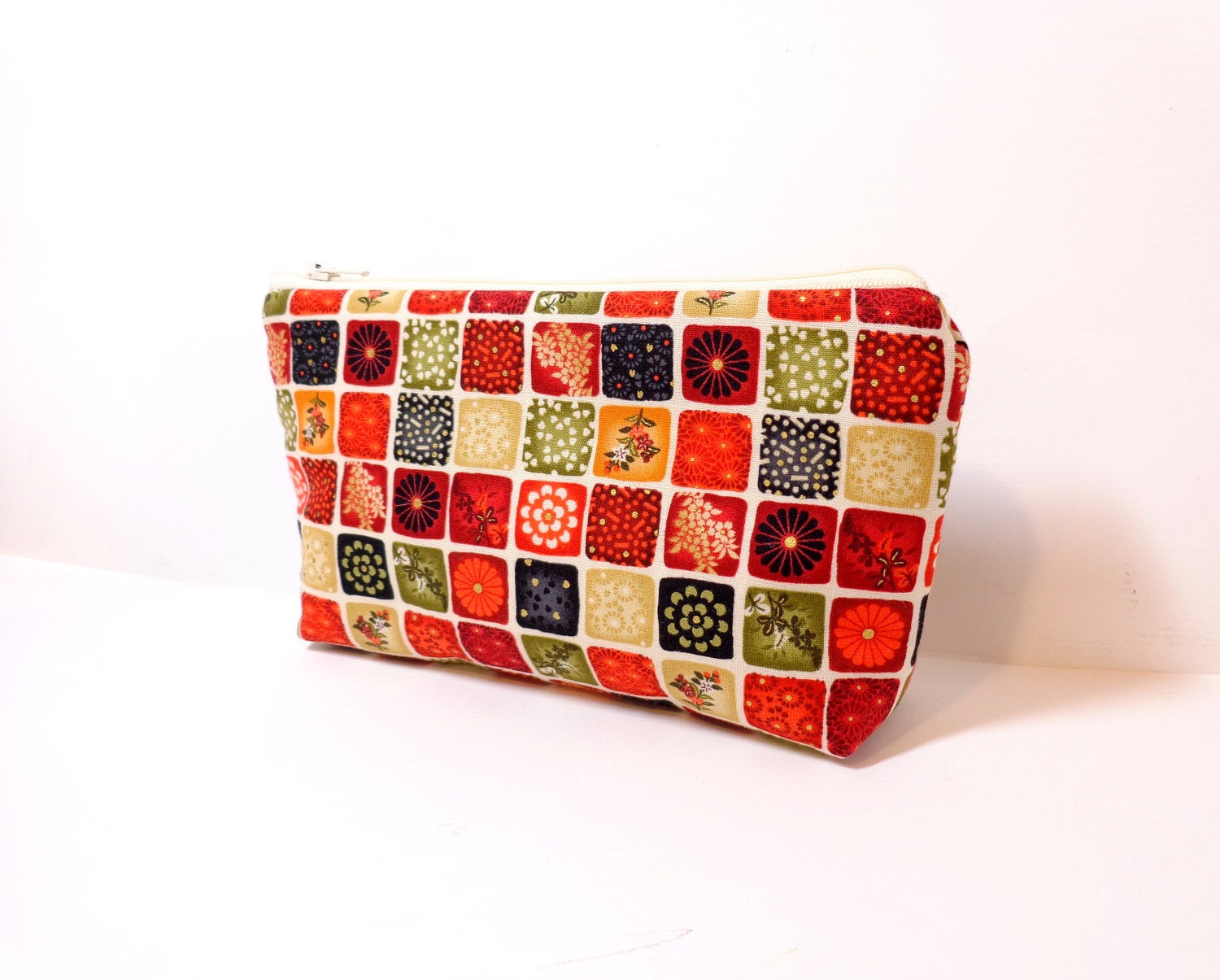 Medium Cotton Zipper Pouch - Floral Sampler in Mini Squares