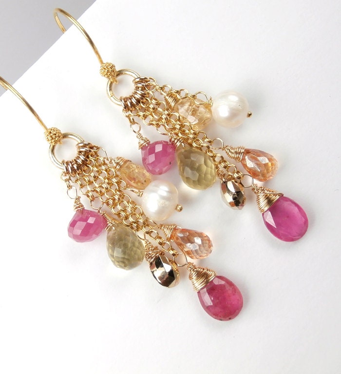 ON SALE 20% OFF - Pink Sapphire Earrings Imperial Topaz Wire Wrapped Long Gold Chain Dangle Earrings Handmade