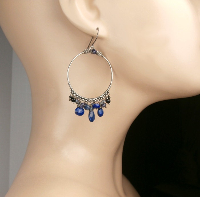 Black Blue Oxidized Silver Hoop Chandelier Earrings Wire Wrapped Coiled Silver Gemstone Bohemian Luxury Fashion - Brenda