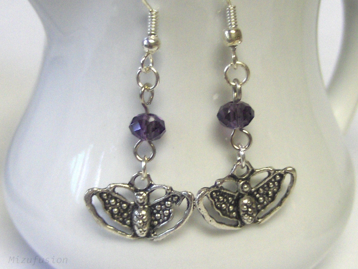 Silver Butterfly Dangle Earrings with Violet Purple Beads